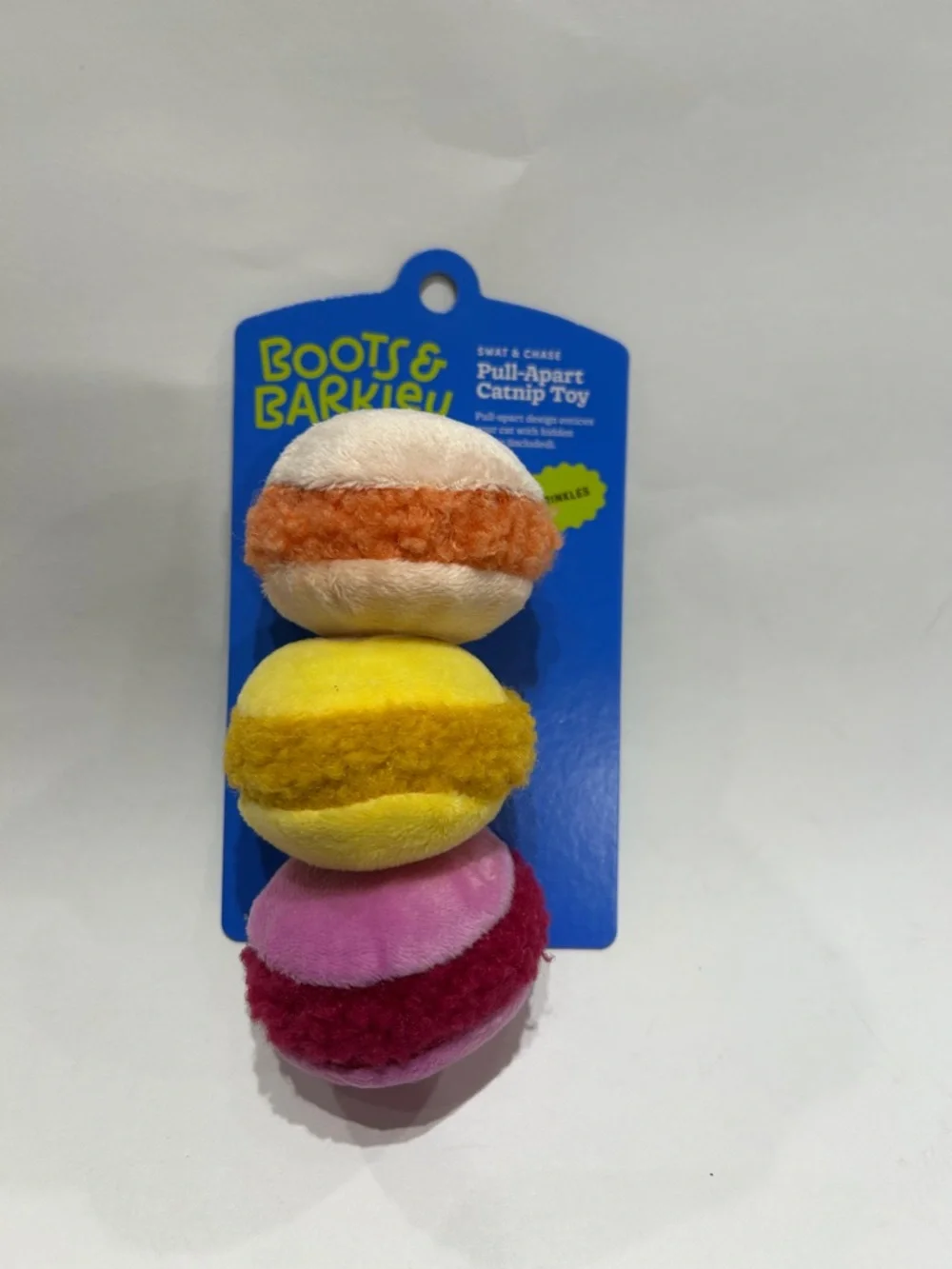 Boots & Barkley Yellow and Orange Pull-Apart Catnip Toy Plush colorful macarons